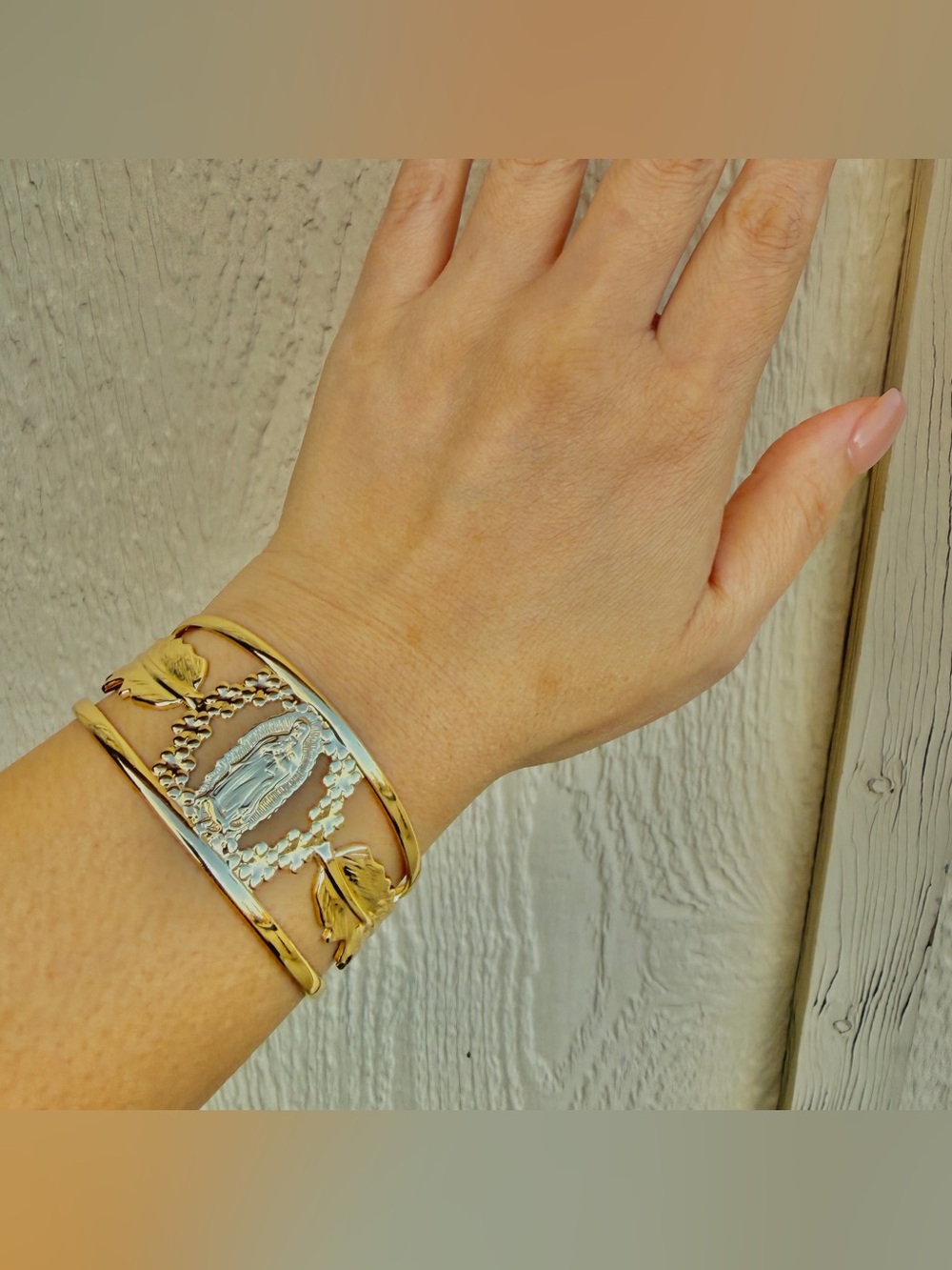 Virgin Mary Gold Plated Open Bangle Bracelet with Feather & Floral Design - Picture 2 of 6